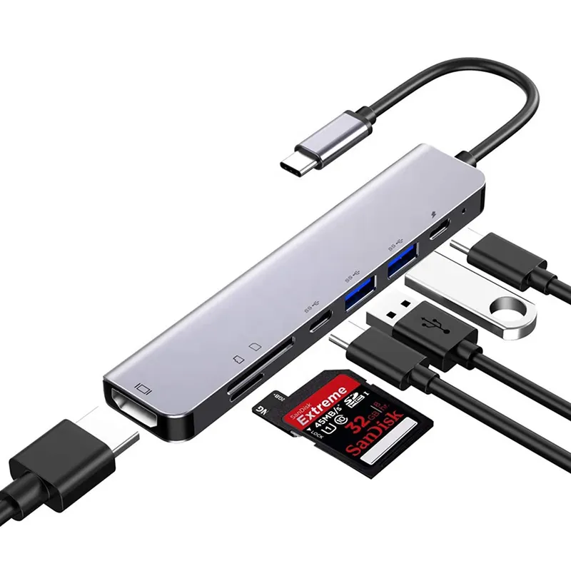 7 Ports Type C Hub Adapter 4K SD/TF HDMI-compatible Multiport Aluminum USB 3.0 USB-C Hub 7 In 1 for MacBook Pro iPad Pro