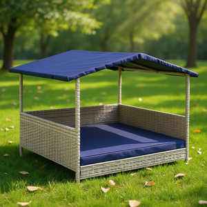Casa para Perros de Mimbre Azul Marino con Techo Impermeable y Cojín, Muebles para Mascotas de Exterior para Razas Grandes, Diseño Moderno para Todas las Estaciones - Product Image 2