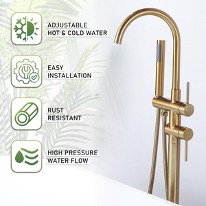 Mitigeurs de douche à haut débit avec remplissage de <span class=keywords><strong>baignoire</strong></span> autoportante en or brossé avec cylindre à main, robinets de <span class=keywords><strong>baignoire</strong></span> au sol - Product Image 4
