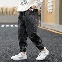 Jeans pour garçons 2024 – Nouveauté printemps-automne, vente en gros usine, pantalon noir à taille mi-haute avec ceinture élastique, tissu doux
