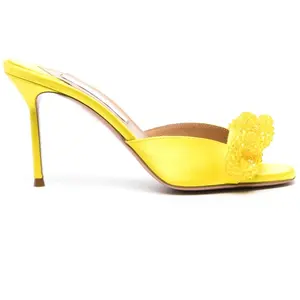 Anmairon Cheap Price Yellow Satin And Silk Square Toe Thin Heel Heeled Sandals Summer Heeled Mules Slippers For Women