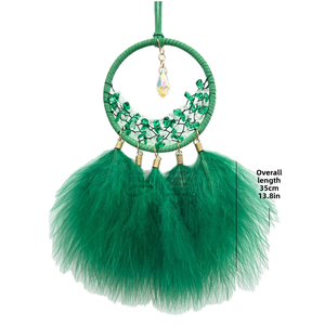 Atrapasueños Bohemio con Plumas Verdes y Cristales, Decoración Circular para Colgar en la Pared, Adorno Artesanal de 35 cm - Product Image 1