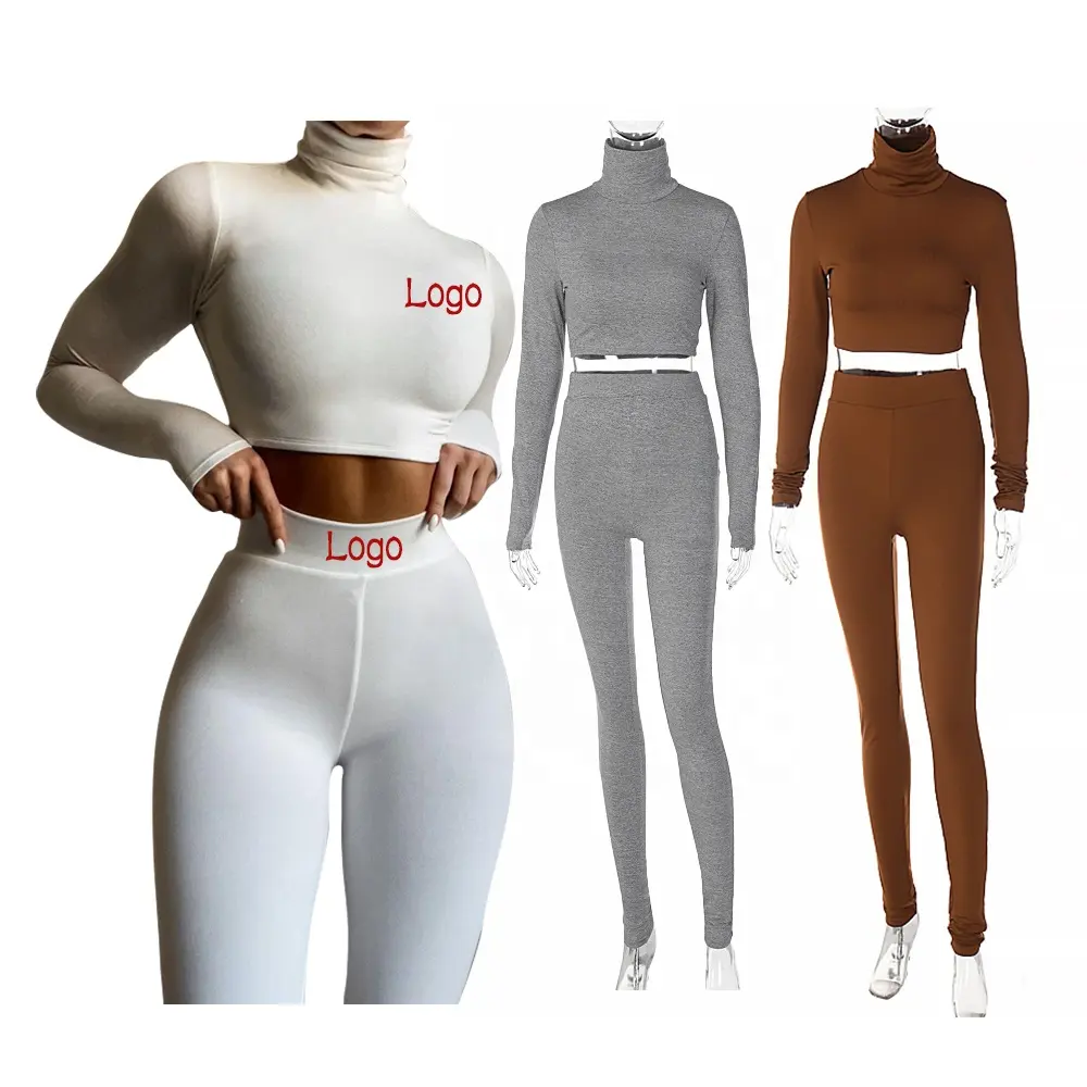2022 New Arrivals Custom LOGO Color Skinny Turtleneck Top And Leggings Outfits Ribbed Cozy Lounge Wear Women Two Piece Pants Set