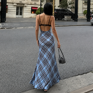 Robe longue maxi à carreaux pour femme, avec bustier en dentelle et patchwork contrastant, style Y2K vintage streetwear, vente en gros - Product Image 5
