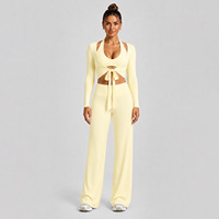 Ensemble de yoga 6 pièces pour femme : haut court à manches longues à nouer devant, boléro, soutien-gorge de sport à col halter et leggings taille haute – Tenue d'entraînement