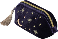 Sac à cosmétiques pratique avec pompons, velours bleu marine brodé, application lune étoiles, soleil, maquillage, sac à perles, fermeture éclair, pochette de rangement pour esthéticienne