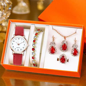 2026 Trending Women <strong>Watch</strong> Set Leather Strap with Teardrop Jewelry for Wholesale - Product Image 3