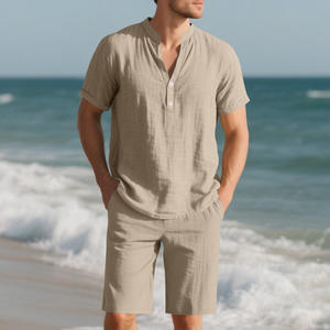 Ensemble deux pièces homme TUME été 2025 transfrontalier : chemise Henley ample en lin vintage à manches courtes et short - Product Image 4
