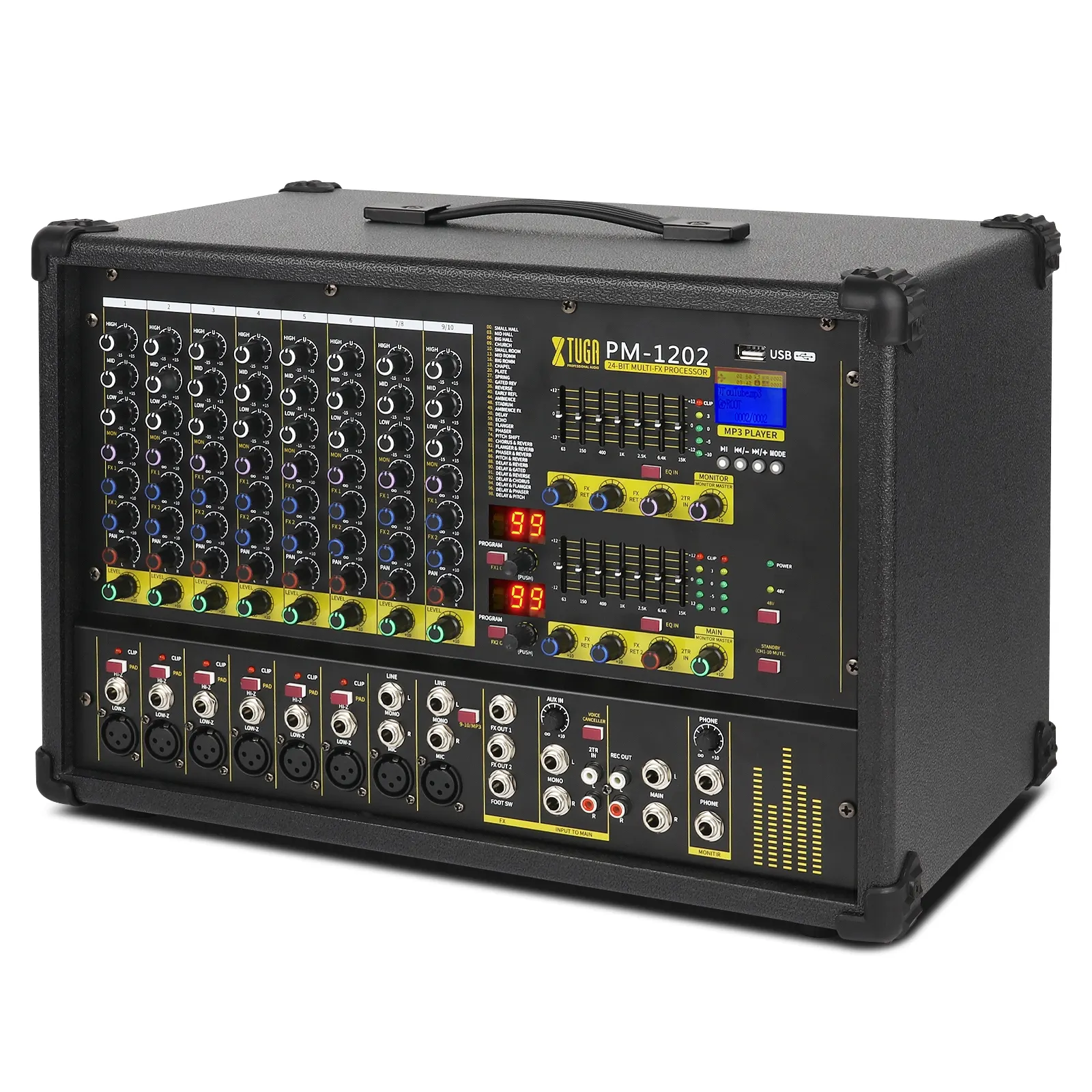 XTUGA PM1202 Ecualizador de karaoke de 5 estrellas Sistema de sonido en vivo 12 canales Amplificador mezclador de potencia de audio profesional