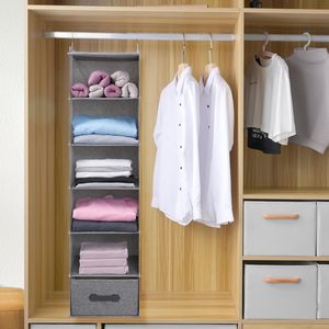 Large Hanging Closet Organizer <b>6</b> Shelf With <b>Drawer</b> Dark Gray Foldable Clothing Storage For Bedroom Wardrobe - Product Image 3