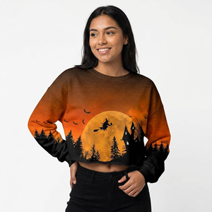 Customize <b>Women</b> Halloween Print <b>Crop</b> Sweatshirt Long Sleeve Crew Neck Casual <b>Top</b> Orange <b>Black</b> Knitted 100% Cotton Autumn Style - Product Image 2