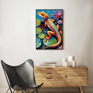 Peinture à l'huile numérique Songwoo Vivid Multicolor Gecko avec feuilles de lotus et bulles de corail, <span class=keywords><strong>art</strong></span> <span class=keywords><strong>pop</strong></span> naturelle tropicale, kit de peinture par numéros - Product Image 4