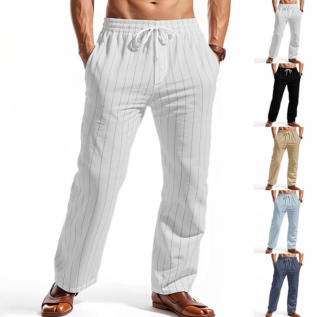 26 European American  Linen Summer Beach Pants Drawstring Mid Waist Straight-leg Breathable Casual Trousers for Men Brand Pants