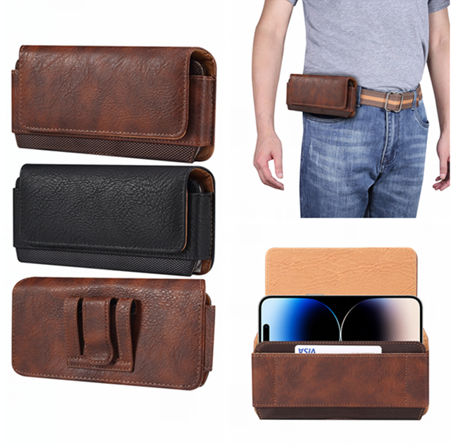4.7 to 6.9 Inch Universal Leather Cell Phone Pouch Belt Clip Hook Men Case Cover for Iphone 17 16 Pro Max for Samsung for Xiaomi