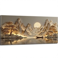 Tekstur 3D Lanskap Besar Matahari Terbit Matahari Terbenam Abstrak Pegunungan Danau Pohon Terbungkus Kanvas Seni Dinding Poster Cetak 48X24 Bertekstur