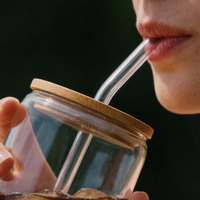 Verre écologique en forme de canette avec couvercle en bambou et paille en verre, transparent, pour café glacé, bière, mariage, café, cadeau artisanal
