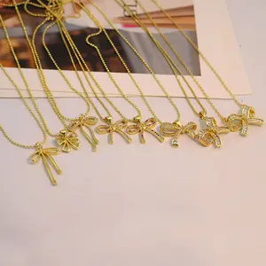 NZ1516 Chic Mini Dainty 18K Gold CZ Baguette Bow Bowtie Charms Cadena Bijoux Femme Ladies Collar 2024