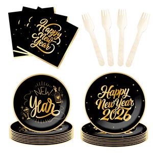 DAMAI New Years Eve Party Supplies Happy New Year Tableware Set <b>Disposable</b> Paper Plates Paper Cup Napkins and Wooden Cutlery - Product Image 4