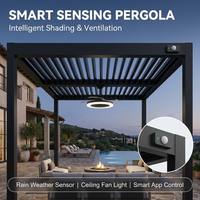 Pergola Intelligente à Lames Orientables Écologique avec Capteur Météo, Ventilateur de Plafond et Lumière, Homologuée Ouragan, pour Villa de Luxe, Balcon et Jardin