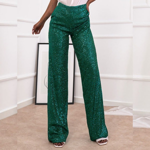 Pantalon droit à paillettes pour femme, nouveau modèle, taille haute, couleur unie, pour soirées, tenues de fête, mode streetwear, noir - Product Image 4