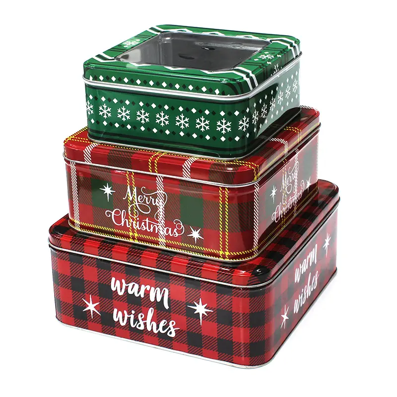 مخصص المعادن مربع علبة الكريسماس المعدنية مع PVC نافذة عيد الميلاد مربع القصدير مجموعة ل كعكة الشوكولاته هدية الحلوى البسكويت التعبئة والتغليف