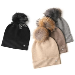 Mongolie cachemire marque de luxe concepteur pompon tricoté 100% cachemire bonnet tricoté chapeau d'hiver avec fourrure - Product Image 1