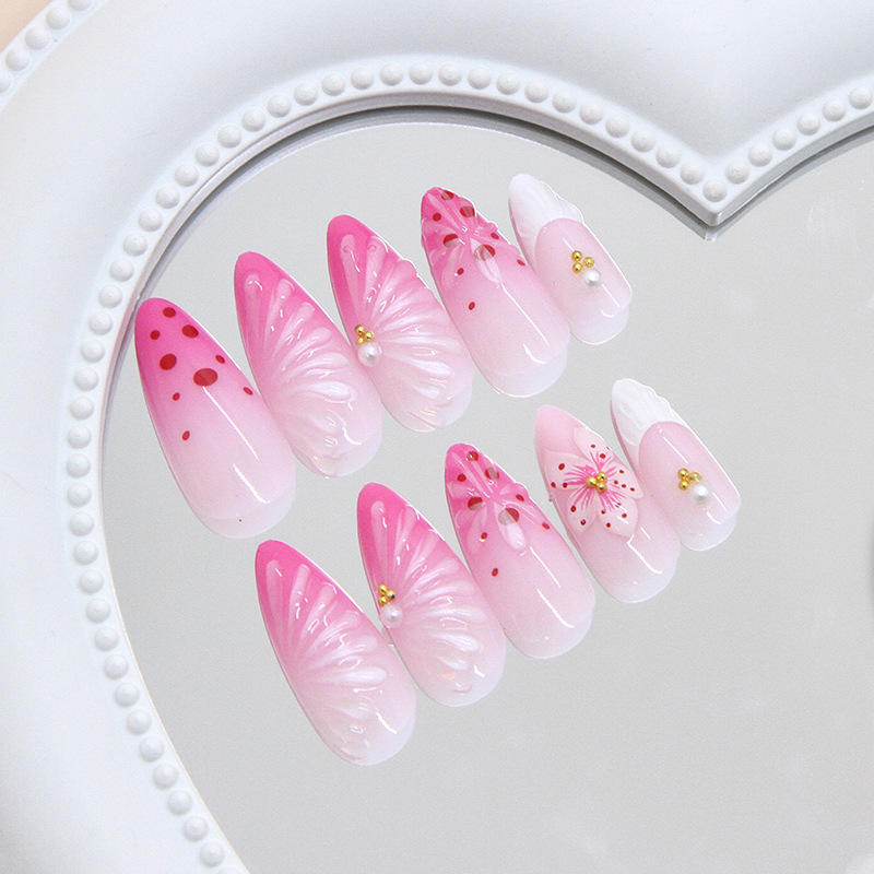 24pc Luxury Almond False Nails Set 3D Lily Ice Flower Design ABS Plastic DIY Salon Press on Nails