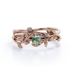 Anelli di <span class=keywords><strong>solitario</strong></span> verde muschio taglio rotondo gioielli di moda all'ingrosso vite Set foglia Design Wedding Band S925 oro rosa - Product Image 1