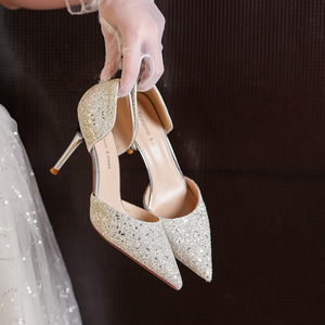 6691-6 Escarpins de mariée solides à bout pointu, talon aiguille, strass, chaussures de mariage, super hauts (8 cm ou plus), doublure en satin - Product Image 3