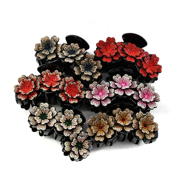 Hot Selling Red Rose Hair Clip Three-dimensional Flower Hair Clamps Glitter Crystal Hair Claws For Women