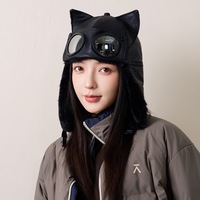 Chapeau d'hiver vintage en cuir avec oreilles de chat, style pilote, chaud, résistant au froid, épais, mignon, pliable, en peluche