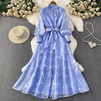 Robe longue jacquard de luxe léger à col montant avec bretelles pour femme, style français raffiné, Vêtements Femme