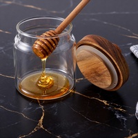 Pot à miel en verre borosilicate de haute qualité avec couvercle en bois d'acacia et cuillère en bois |   Rangement pour condiments pour la cuisine et les cadeaux
