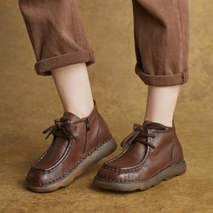 Bottines à talon plat, automne-hiver, neuves, faites à la main, en cuir véritable, style ethnique, rétro, fermeture éclair latérale, bottines plates - Product Image 2