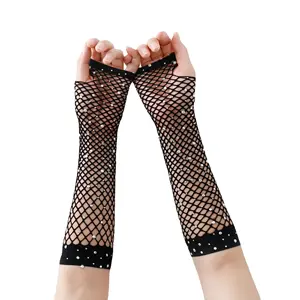 Half finger fishnet gloves Stretch mesh fancy dress party hip hop sexy colored rhinestone short medium long gloves