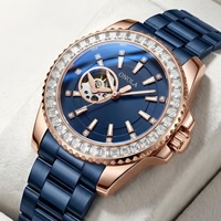 Montre mécanique automatique de luxe avec lunette en pierres précieuses arc-en-ciel, cadran à cœur ouvert, résistante à l'eau, bracelet en acier inoxydable bicolore