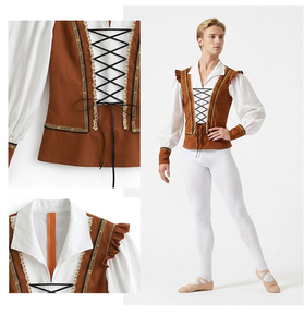 Costume de ballet médiéval et Renaissance pour homme, gilet marron à lacets, manches blanches bouffantes, tenue de scène de prince noble - Product Image 2