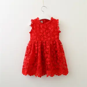 童装蕾丝女婴红色连衣裙刺绣蝴蝶女孩派对裙夏季无袖小女孩连衣裙