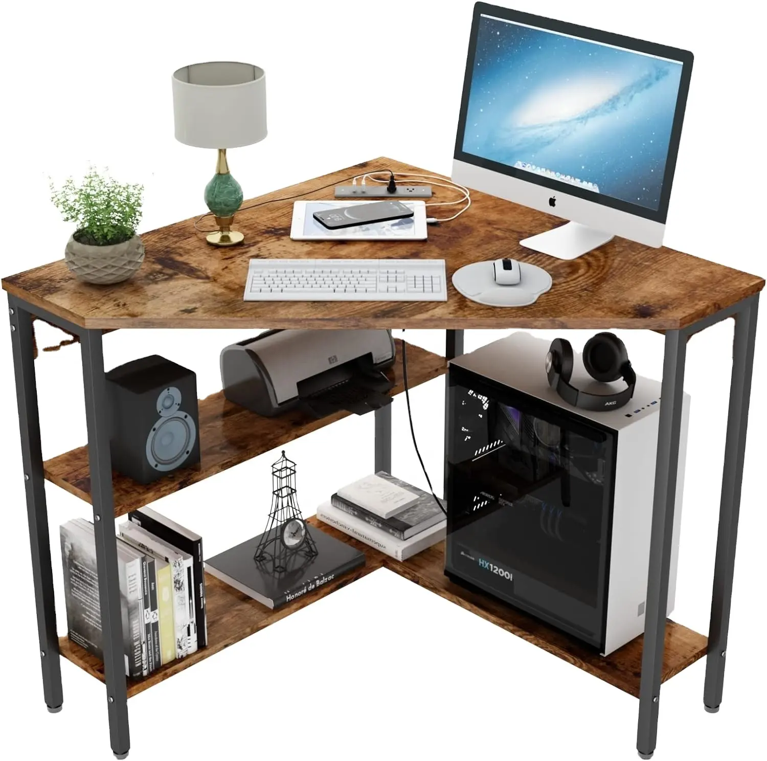 Bureau d'angle avec prises et ports USB, table d'angle triangulaire à 90 degrés avec support CPU et étagères de rangement pour les petits espaces