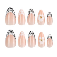 Ongles en acrylique à pression de style français, forme amande, imprimé zèbre, perles dorées, motifs floraux, options de logo personnalisables, 24 pièces/paquet