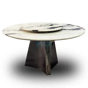 Luxury New Design Modern Stainless Steel Base Kitchen Rotatable Natural Marble Table Top 2 Layers Round Dining Table Set