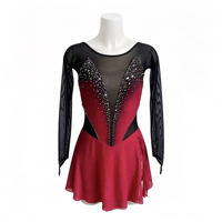 Robe de patinage artistique rouge et noire contrastée, en maille, à manches longues, avec strass en V, taille ajustée, pour la compétition et les spectacles
