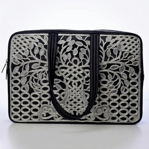 Hand Embroidered Folk Art Black <b>Tote</b> <b>Bag</b> with Tatami Stitches <b>Silver</b> Floral Pattern Unisex Adult Style Durable Silk Material - Product Image 1