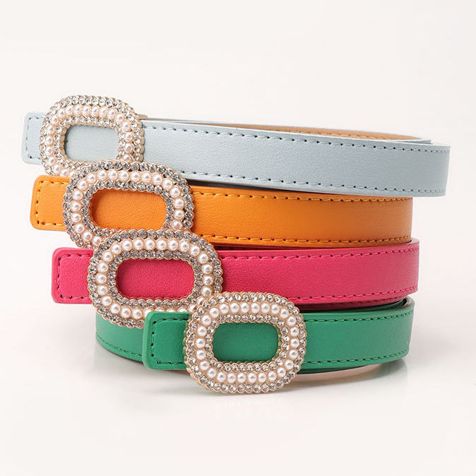 Elegant Belt for Women Rhinestone Buckle Decorative Skinny Belt PU