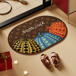 Alfombra de baño estilo americano con diseño de calabaza, ovalada, de imitación de lino, absorbente, antideslizante, de secado rápido, para la entrada del baño o el inodoro. - Product Image 4