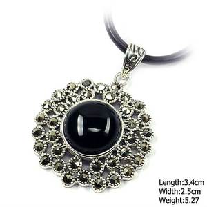 925 Perak Perhiasan Wanita Gaya Antik dengan Marcasite & Batu Akik Hitam Liontin Ukuran Besar - Product Image 2