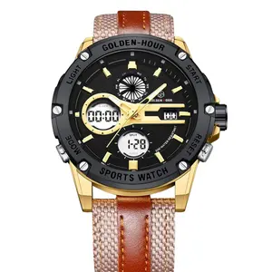 GOLDEN HOUR 116 Quartz Dual Time Watch Men Date Week Alarm multifunzione Fashion Sports cinturino in pelle orologi da polso