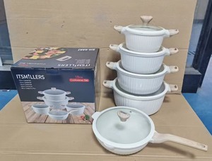 Ensemble de casseroles <span class=keywords><strong>en</strong></span> granit noir de luxe, 10 pièces, <span class=keywords><strong>en</strong></span> aluminium texturé côtelé, avec poignées effet bois, couvercles <span class=keywords><strong>en</strong></span> verre, cadeau de cuisine - Product Image 1