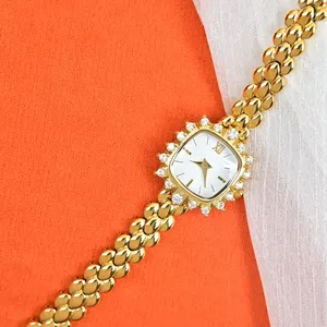 Hochwertige kleine Vintage Diamant Kristall Uhr Frauen Retro Messing Band Armband Luxus Perlmutt Quarz Kette Dame für Mädchen