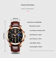 Montre à quartz pour homme POEDAGAR 829 en or rose, bracelet en cuir, étanche, calendrier lumineux, cadran noir, montre sport